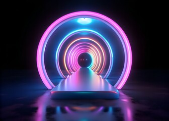 Neon tunnel with glowing rings and a path leading to a sphere in a futuristic setting