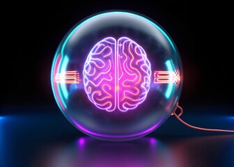 A neon brain inside a glass sphere, illuminated with blue and pink lights, symbolizing intelligence and technology
