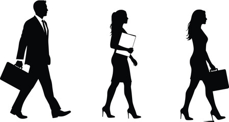 Business people silhouettes, professional man, woman with folder, woman with briefcase, walking side view, formal attire, black vector shapes, office environment, digital illustration