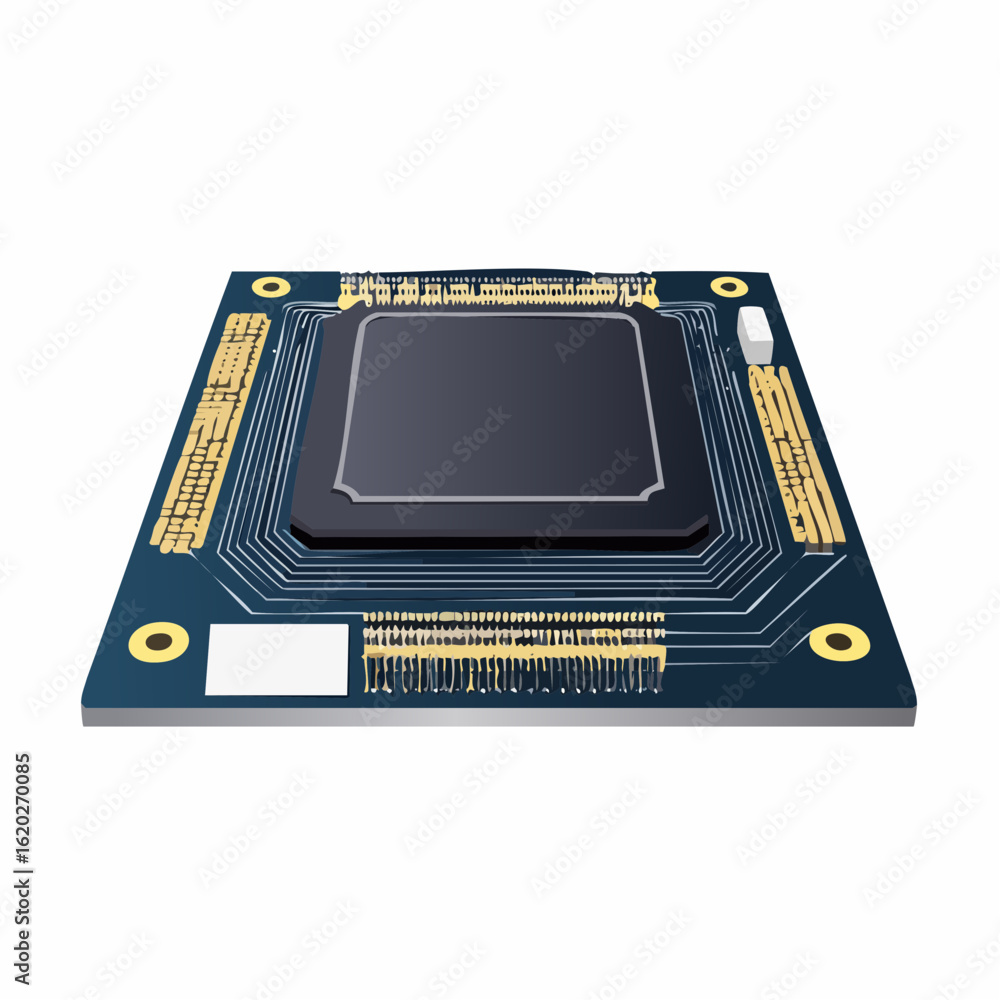 Poster detailed illustration of a modern computer processor chip with intricate circuitry and golden connec