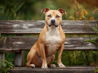 Adorable pit bull dog sitting confidently on a rustic wooden bench in a lush green garden with natural sunlight