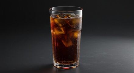 Iced Brown Drink in Glass with Ice Cubes on Dark Background