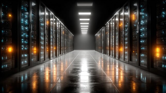 Dark server room with glowing racks, reflecting on polished floor - Powered by Adobe