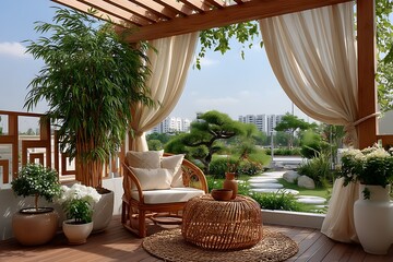 Rattan furniture in sunny balcony high resolution picture