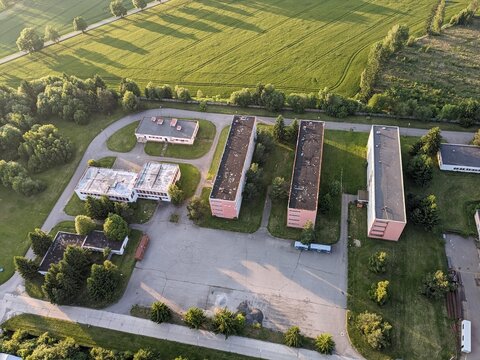 Abandoned buildings of former military garrison in Jihlava photographed from aerial perspective