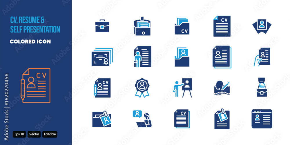 Poster cv resume and self presentation colored icon set vector design good for web and mobile app