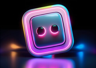 3d rendered robot face icon with neon pink and blue glow on a dark reflective background