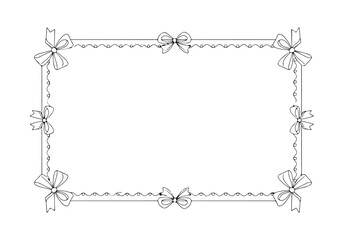 Decorative rectangular frame with bows and ribbon elements, isolated on white background printable illustration coloring page for kids