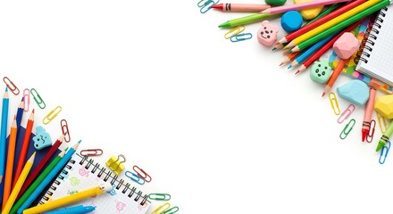 Colorful school and office supplies border frame on a white background. Back to school concept with copy space for text.