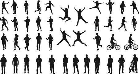 Human silhouettes collection, people walking running jumping biking, male female active poses, exercise and leisure figures, black vector shapes, sports and movement icons set