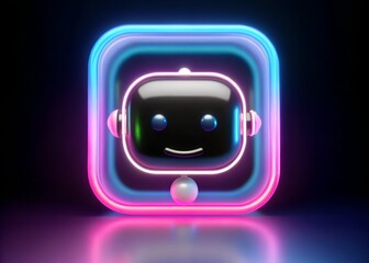 3d rendered smiling robot face icon with neon blue and pink glow on a dark reflective surface
