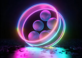 3d rendering of glowing neon pink and blue rings encircling spheres on a dark reflective surface