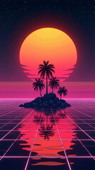 Retro sunset over tropical island with neon grid reflection on water