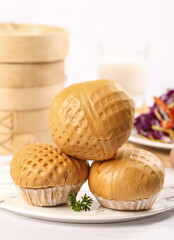 Handmade canton style morning tea brown sugar walnut buns served with fresh vegetables
