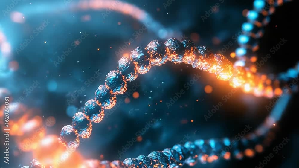 Poster dna double helix rotating in a microscopic environment with glowing particles