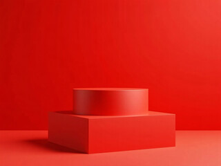 Minimalist red geometric pedestal display stage for product presentation and advertising