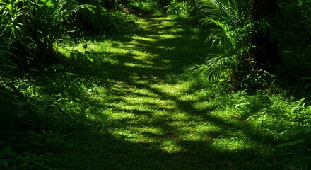 Fototapeta premium Sunlit Path Through Lush Green Forest