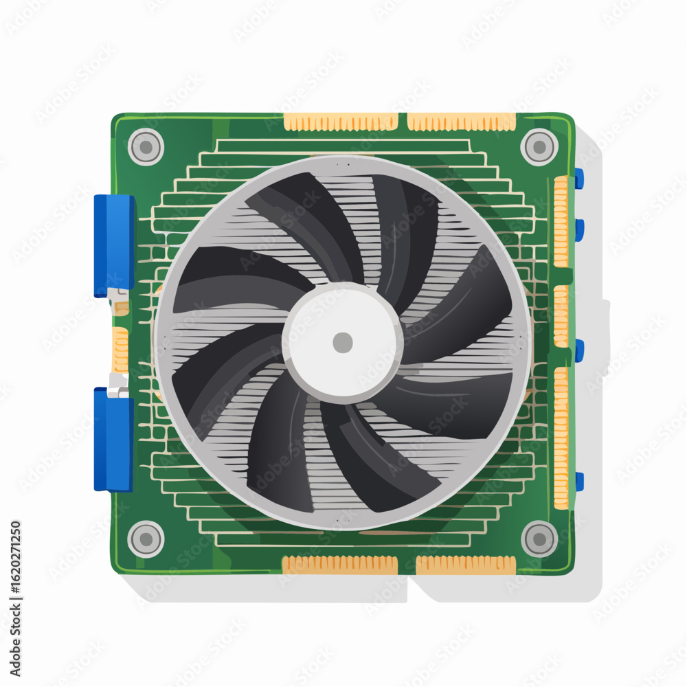 Poster top view illustration of a computer graphics card with a cooling fan and circuitry details on a whit