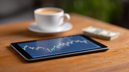 Financial Insight: A modern tablet displays intricate financial charts, alongside a steaming cup of coffee and a stack of money on a wooden table.