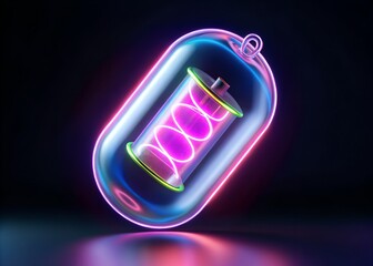 A glowing neon battery capsule, representing energy, power, and life in a futuristic, abstract concept