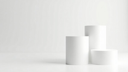 Minimalist arrangement of white cylindrical objects on a clean white surface