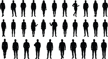 Large group silhouette, standing men and women collection, full body front view, cad drawing flat vector illustration, black outline clipart, people crowd pose design