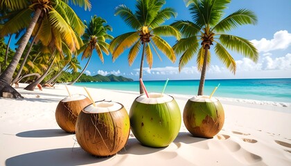 Obraz premium Refreshing tropical coconut drinks on a pristine white sand beach paradise