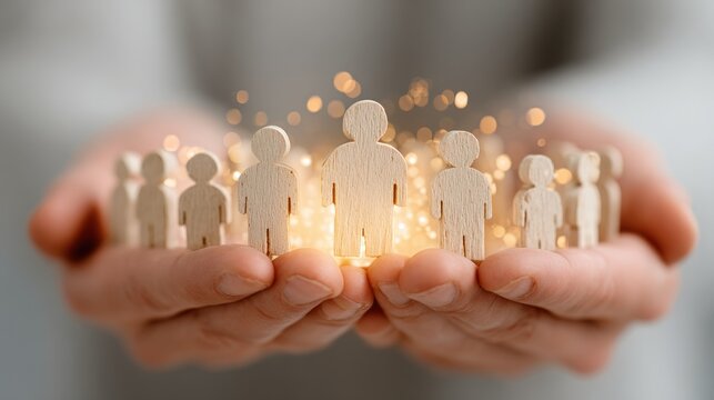 Hands gently cradling a group of glowing wooden figurines, symbolizing community and care
