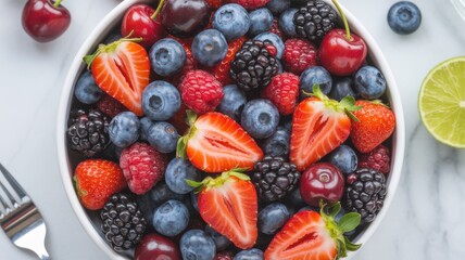 Close-up of mixed berries in white bowl with lime wedge on marble background