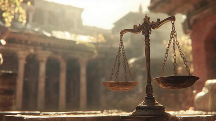 Scales of justice in front of a courthouse at sunrise, symbolizing law, fairness, legal system, justice, authority, and government institutions.

