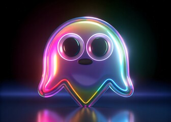 Cute, glowing, iridescent ghost character with big eyes and a friendly expression, rendered in a vibrant, modern 3d style