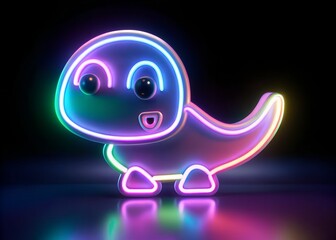 Cute neon dinosaur character with vibrant glowing outline on a dark background, 3d render