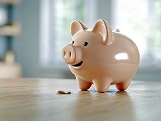 Classic pink ceramic piggy bank on wooden table in sunny home interior
