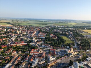 Moravske Budejovice historical town and city center with square aerial panorama