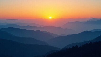 Majestic mountain range bathed in the warm glow of a fiery sunset