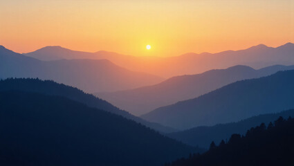 Majestic mountain range bathed in the warm glow of a vibrant sunset
