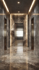 Fototapeta premium Modern Elevator Lobby with Marble Walls and Floors Illuminated by Soft Ambient Lighting