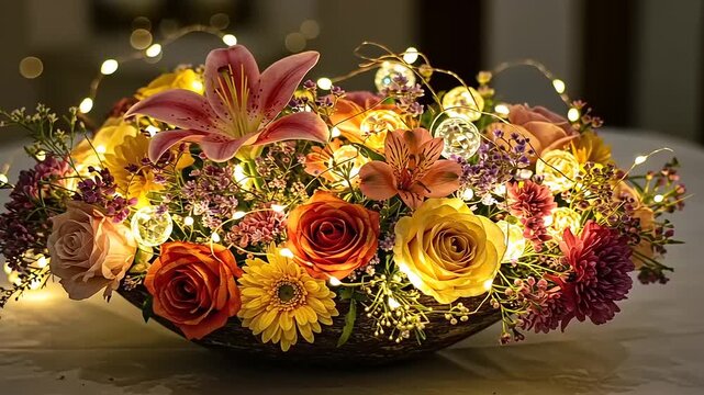 Vibrant floral arrangement with lights in a cozy setting, enhancing a festive atmosphere