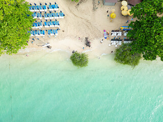 Aerial white sand sea beach with green tropical palm tree