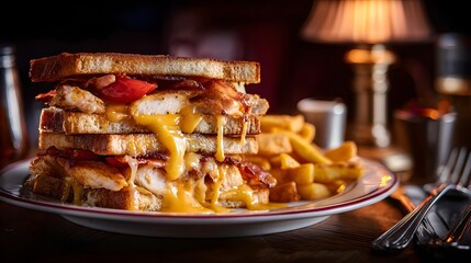 Tall Chicken Bacon Cheese Sandwich With Melted Cheese And Fries On A Plate In A Dimly Lit Setting