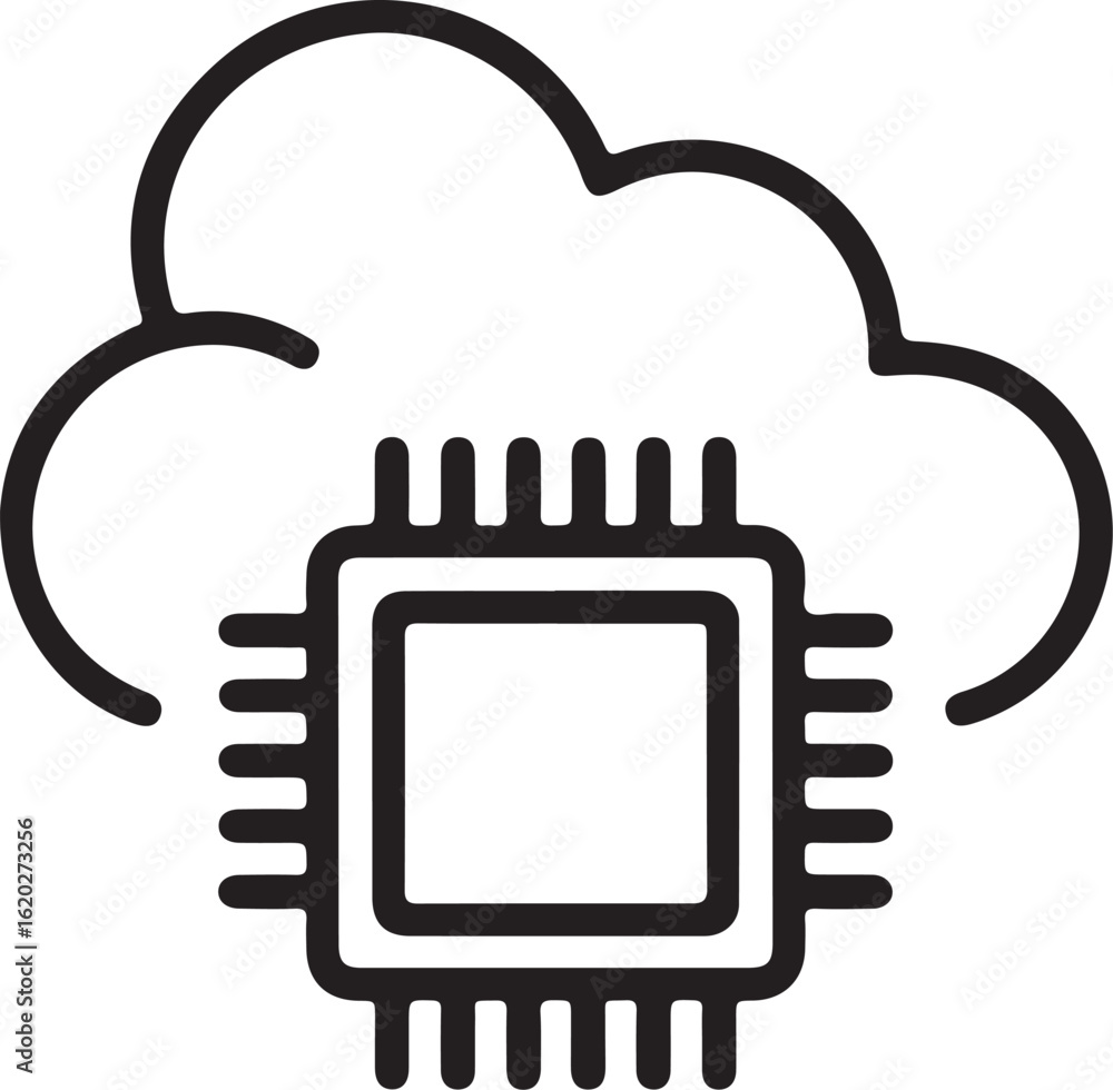 Aufkleber a clean line art depiction of a microchip connected to a flowing data cloud, representing technology