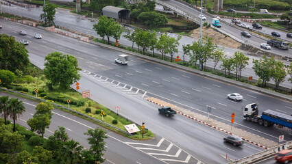 Aerial view city transport traffic road rainny day junction cross road