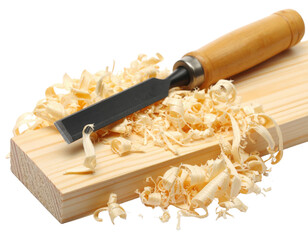 A wooden chisel rests on a piece of wood, surrounded by shavings, highlighting craftsmanship.