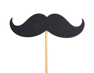 A black mustache on a wooden stick, commonly used as a fun prop for parties or photo booths.
