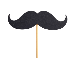 A black mustache on a wooden stick, commonly used as a fun prop for parties or photo booths.