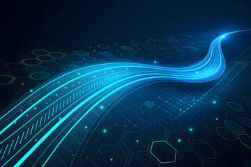 An abstract futuristic digital concept illustrating a glowing blue light stream representing data flow and network connection on a dark background with circuit patterns