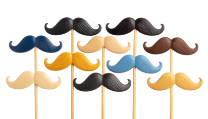 Colorful decorative mustaches on sticks arranged in a playful manner.