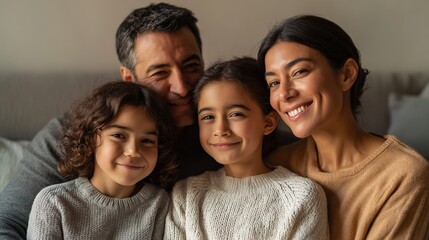 Harmonious Family Portrait: A loving family shares a moment of joy. Smiling faces radiate happiness and warmth, creating a tender tableau of togetherness.