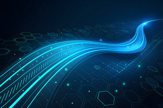 An abstract futuristic digital concept illustrating a glowing blue light stream representing data flow and network connection on a dark background with circuit patterns