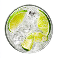 Top view of sparkling soda with ice cubes and lime slices